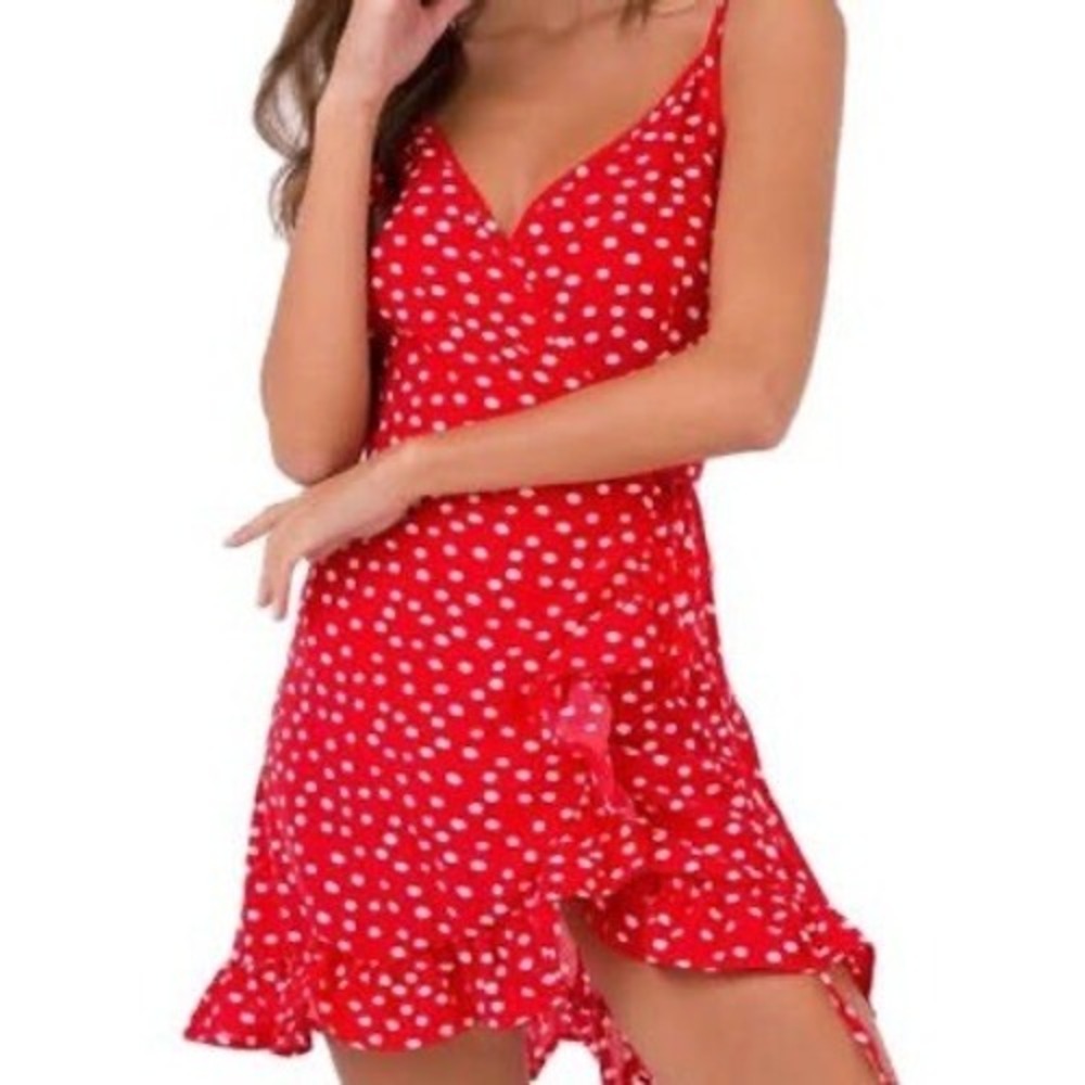 Princess Polly Wrap Mini Dress Ruffles Red White Polka Dot Size 6‎ Boho